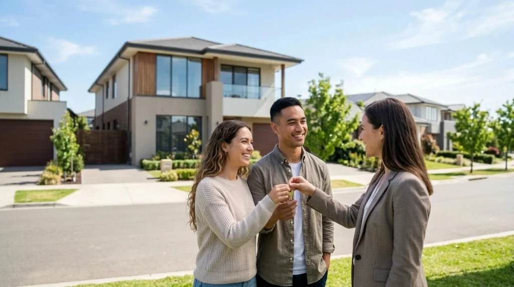 First home buyers in Melbourne receiving house keys from agent in 2026