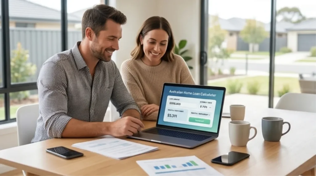 Australian couple using a mortgage calculator to calculate home loan borrowing capacity