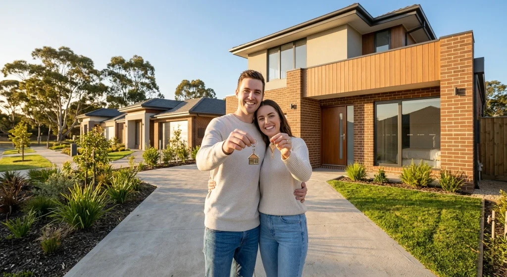 young couple holding house keys in front of new home in Victoria using first home owner grant