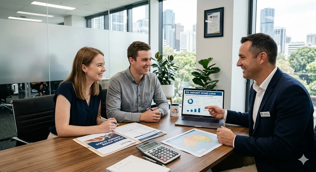 Australian first home buyers discussing 5% deposit home loan Australia with mortgage broker