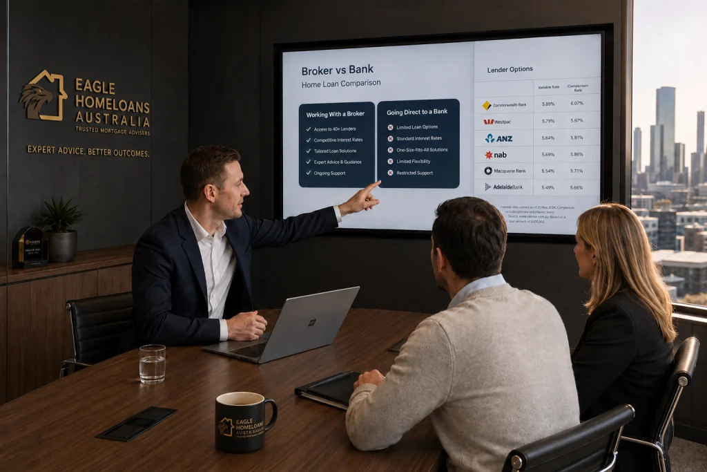 Mortgage broker explaining home loan options to Australian homebuyers in a modern office