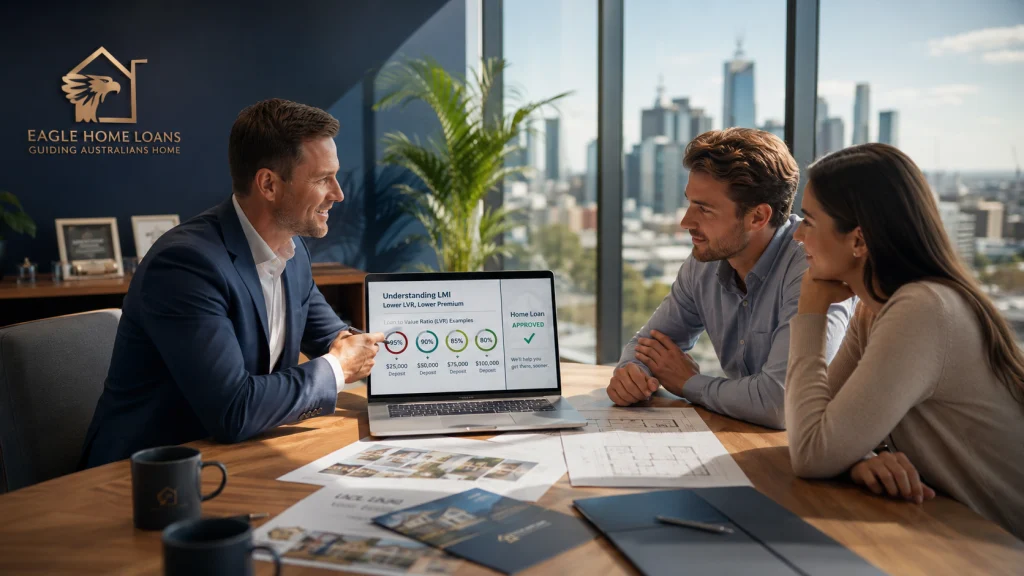 Mortgage broker explaining Lenders Mortgage Insurance (LMI) and home loan options to Australian home buyers.