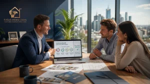 Mortgage broker explaining Lenders Mortgage Insurance (LMI) and home loan options to Australian home buyers.