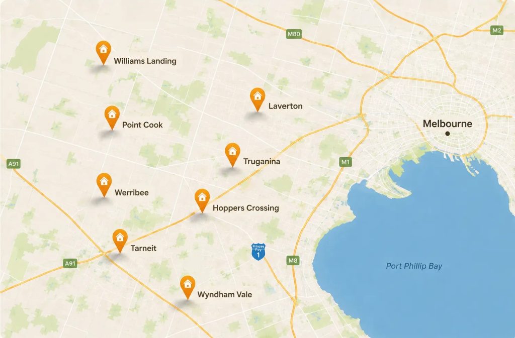 Mortgage broker service areas across Melbourne’s western suburbs including Williams Landing, Point Cook, Werribee, Wyndham Vale, Hoppers Crossing, Truganina, Tarneit and Laverton.